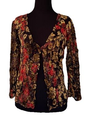 Vintage 90s Whimsigoth  Crushed Velvet Art to Wear Sequins Crinkle Cardigan Y2K